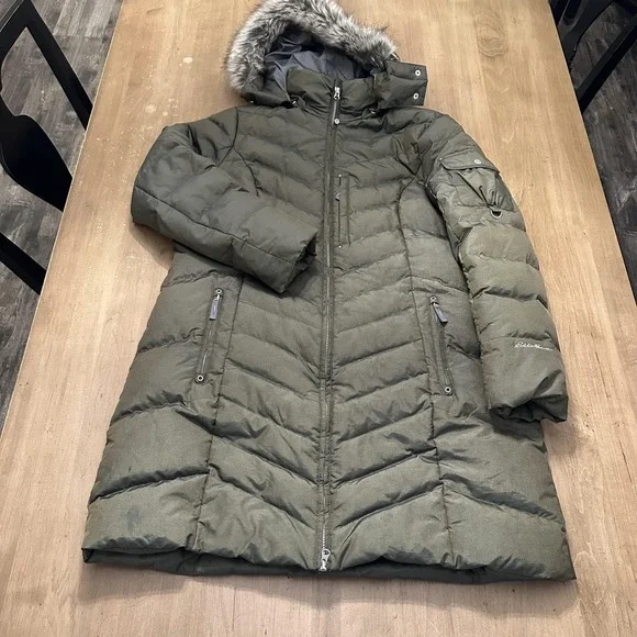 Eddie Bauer Olive Puffer Jacket with Faux Fur Hood and Down Fill. - Picture 2 of 10